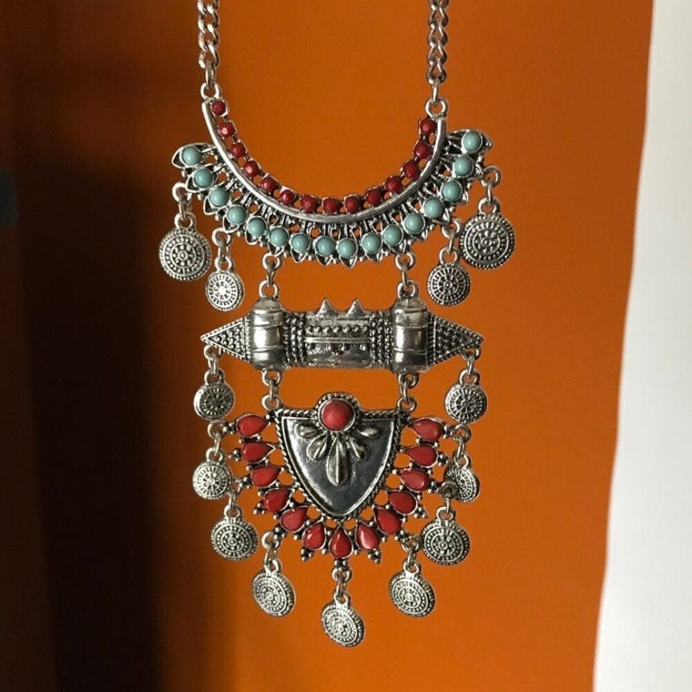 Coin Tassel Bohemian Pendant/Statement necklace silver red blue fashion jewelry